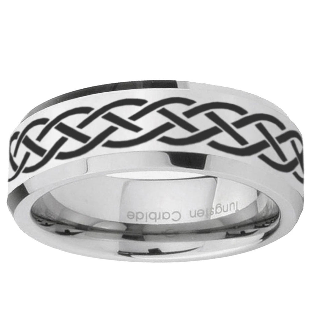 10mm Celtic Knot Beveled Edge Silver Tungsten Ring