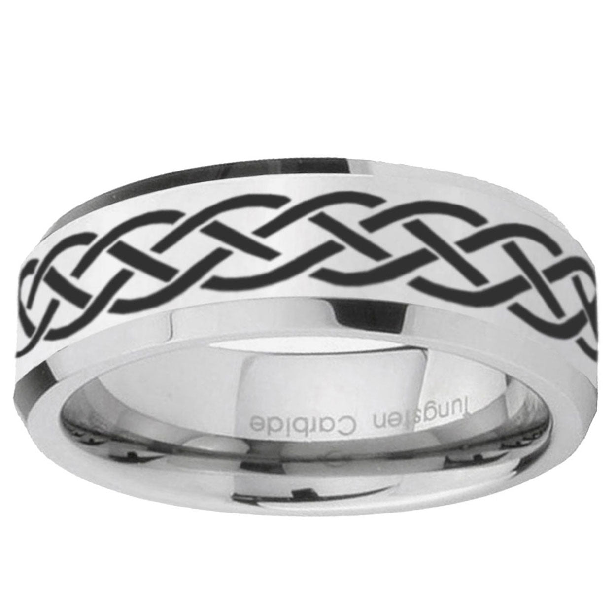 10mm Celtic Knot Beveled Edge Silver Tungsten Ring
