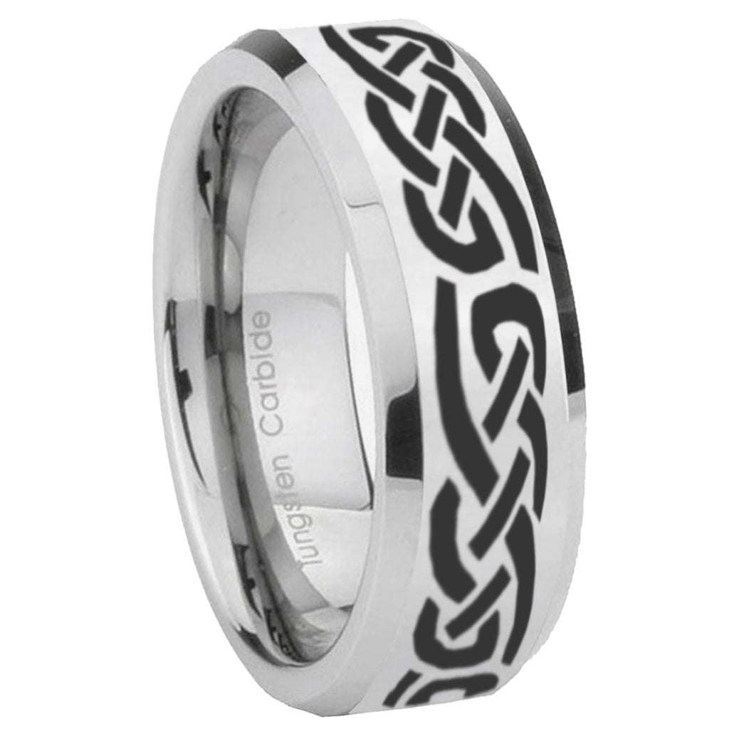 10mm Celtic Knot Infinity Love Beveled Edges Silver Tungsten Carbide Mens Ring Engraved