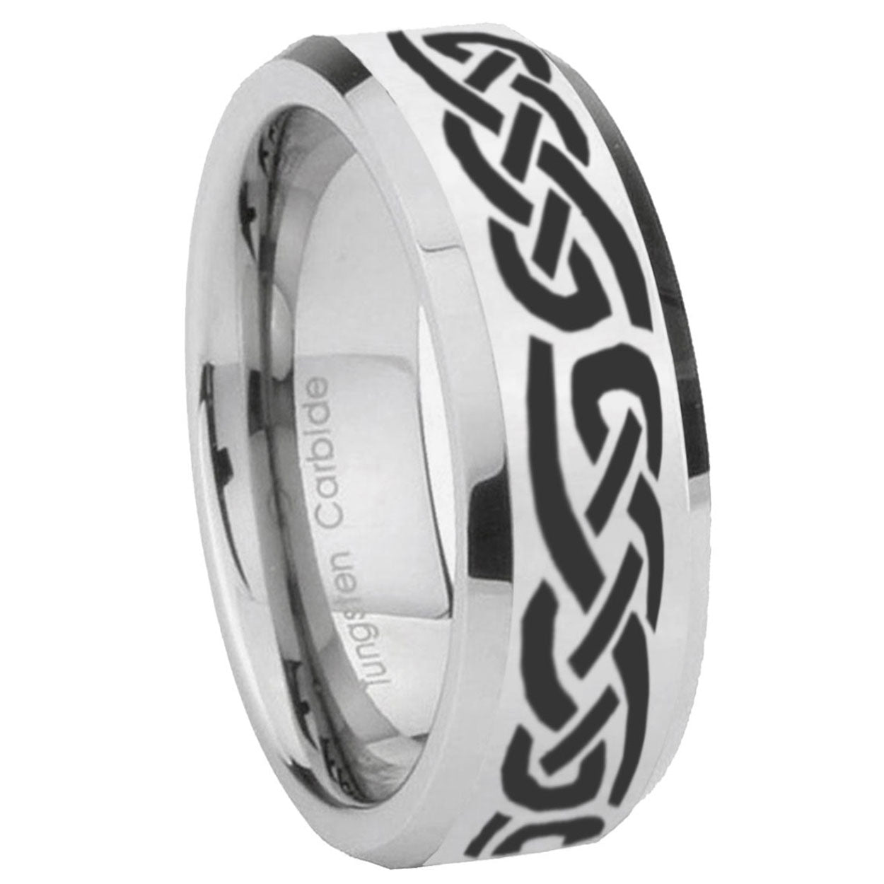 10mm Celtic Knot Infinity Love Beveled Edges Silver Tungsten Carbide Mens Ring Engraved