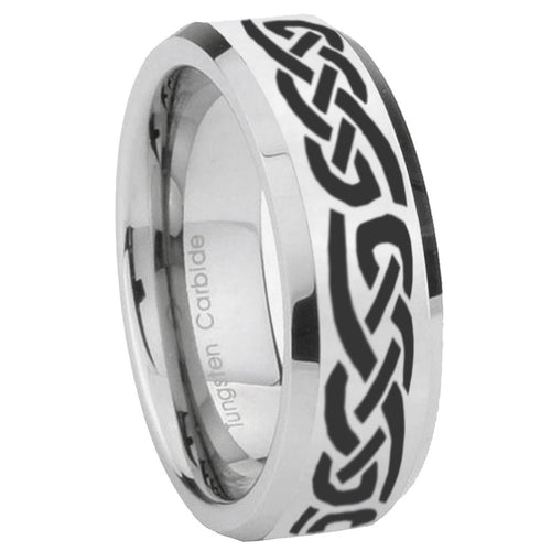 10mm Celtic Knot Infinity Love Beveled Edges Silver Tungsten Carbide Mens Ring Engraved