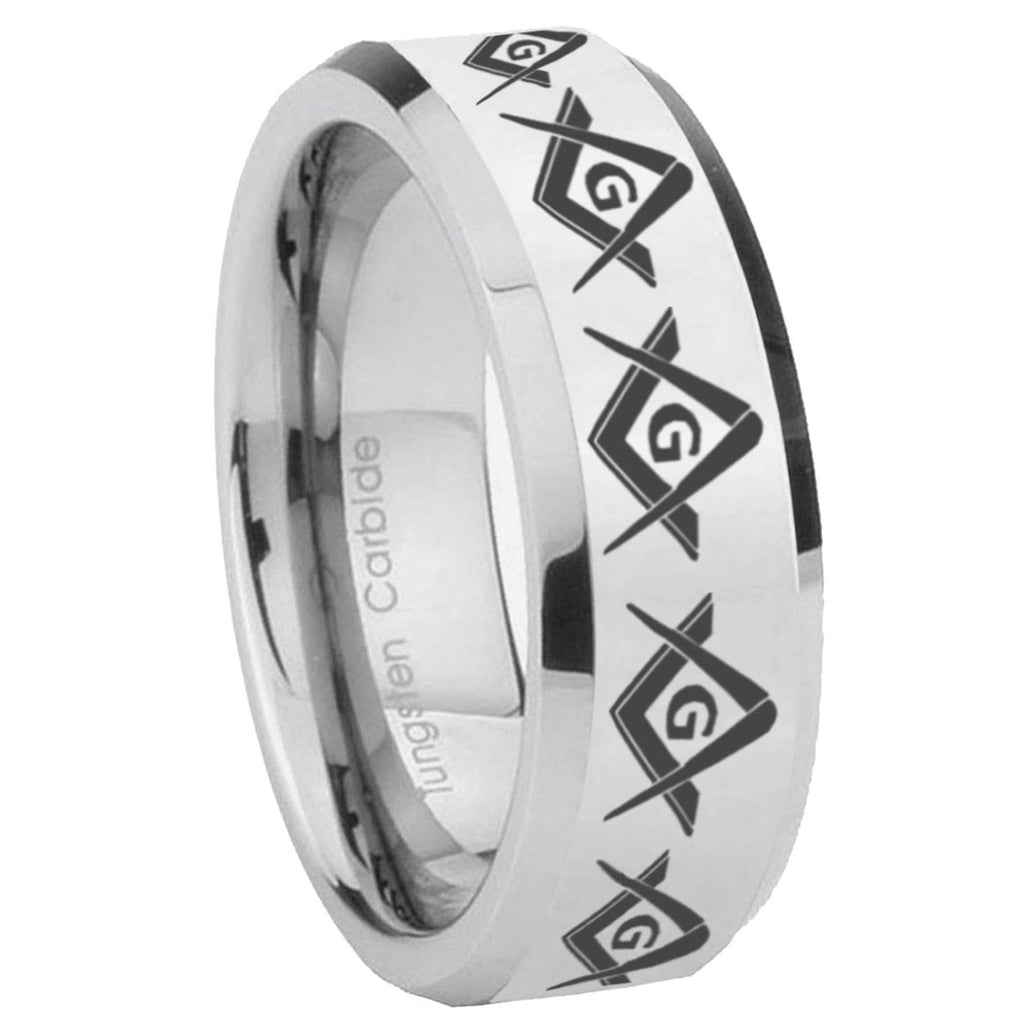 10mm Masonic Square and Compass Beveled Edges Silver Tungsten Carbide Mens Ring Engraved