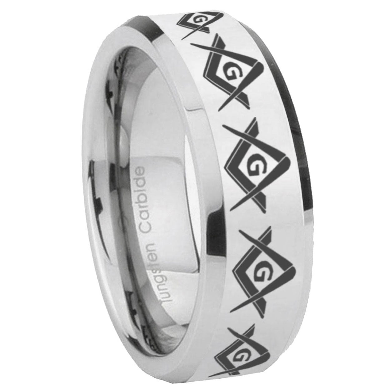 10mm Masonic Square and Compass Beveled Edges Silver Tungsten Carbide Mens Ring Engraved