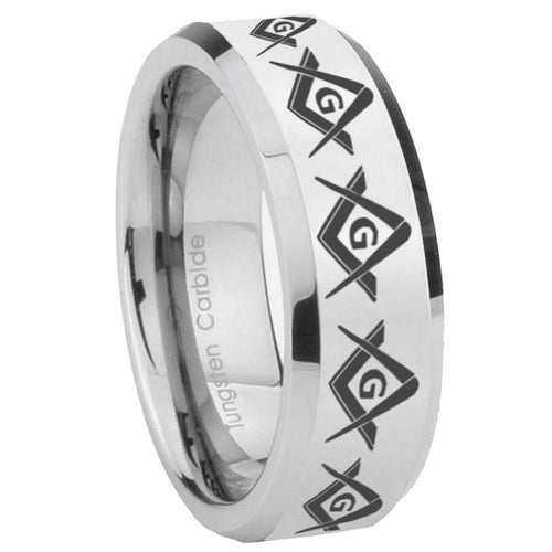 10mm Masonic Square and Compass Beveled Edges Silver Tungsten Carbide Mens Ring Engraved