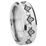 8mm Masonic Square and Compass Beveled Edges Silver Tungsten Wedding Engagement Ring