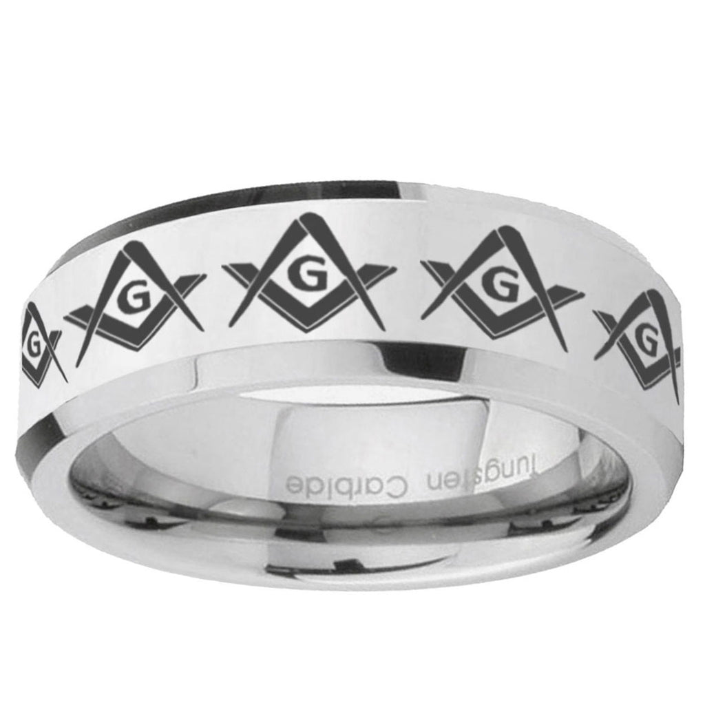 10mm Masonic Square and Compass Beveled Edge Silver Tungsten Ring