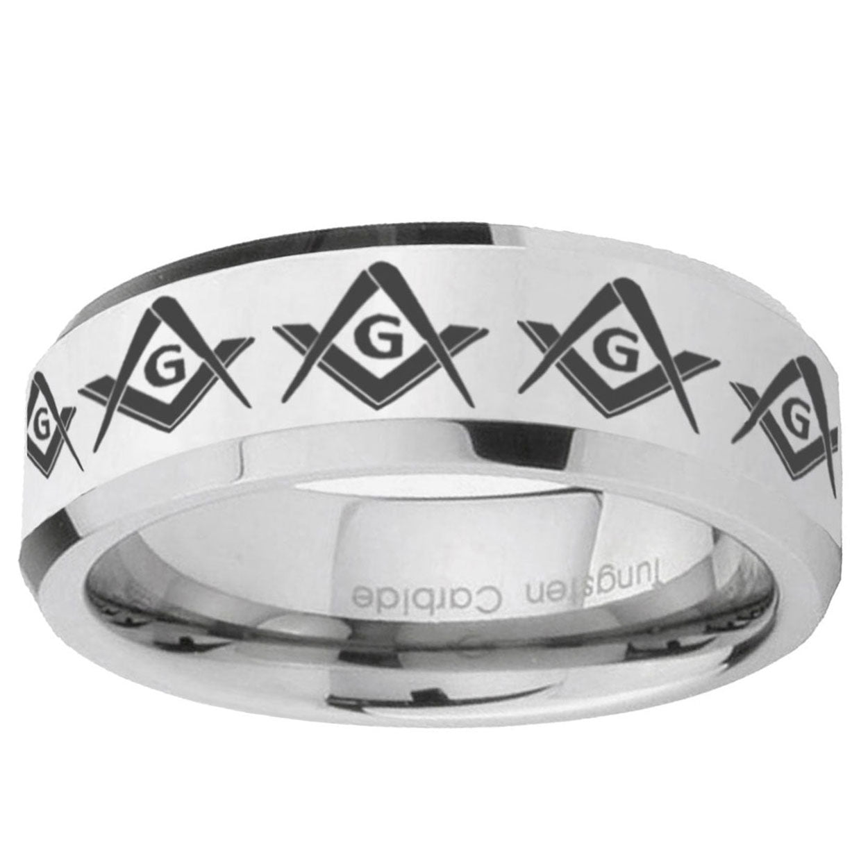 10mm Masonic Square and Compass Beveled Edge Silver Tungsten Ring