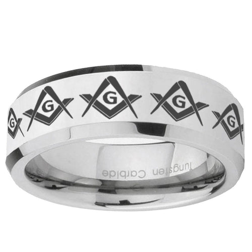 10mm Masonic Square and Compass Beveled Edge Silver Tungsten Ring