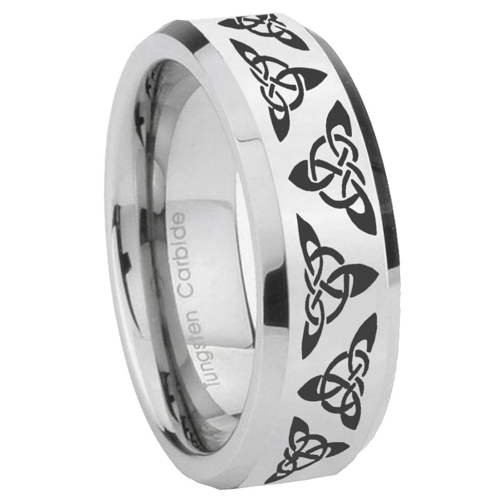 10mm Celtic Knot Beveled Edges Silver Tungsten Carbide Mens Ring Engraved