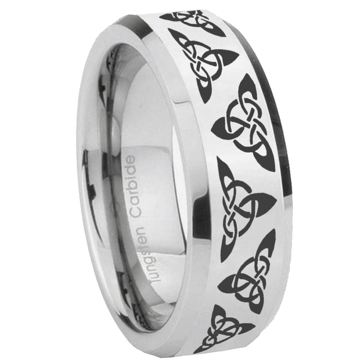 10mm Celtic Knot Beveled Edges Silver Tungsten Carbide Mens Ring Engraved