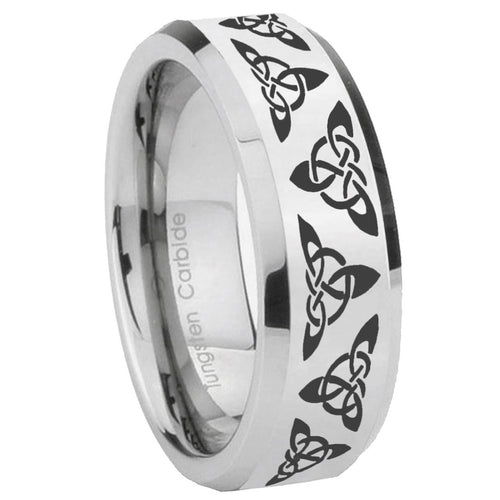 10mm Celtic Knot Beveled Edges Silver Tungsten Carbide Mens Ring Engraved