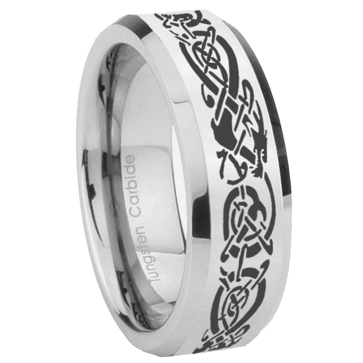 8MM Celtic Knot Dragon Bevel Polish Silver Tungsten Wedding Band