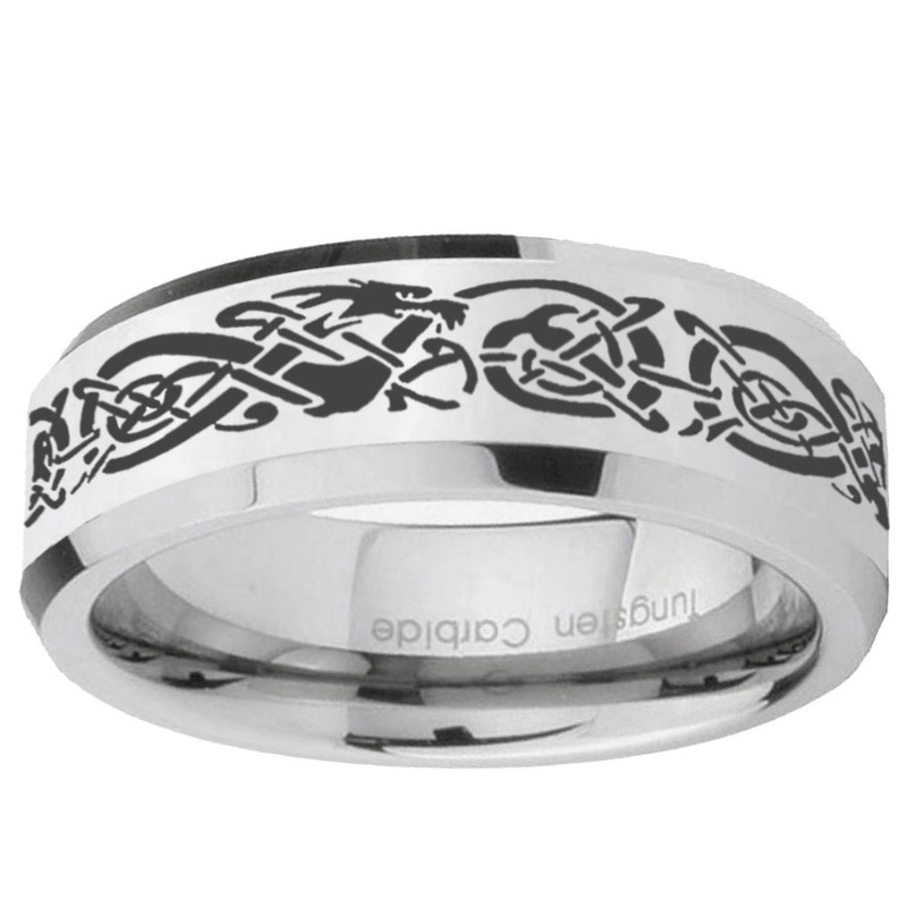 10mm Celtic Knot Dragon Beveled Edge Silver Tungsten Ring