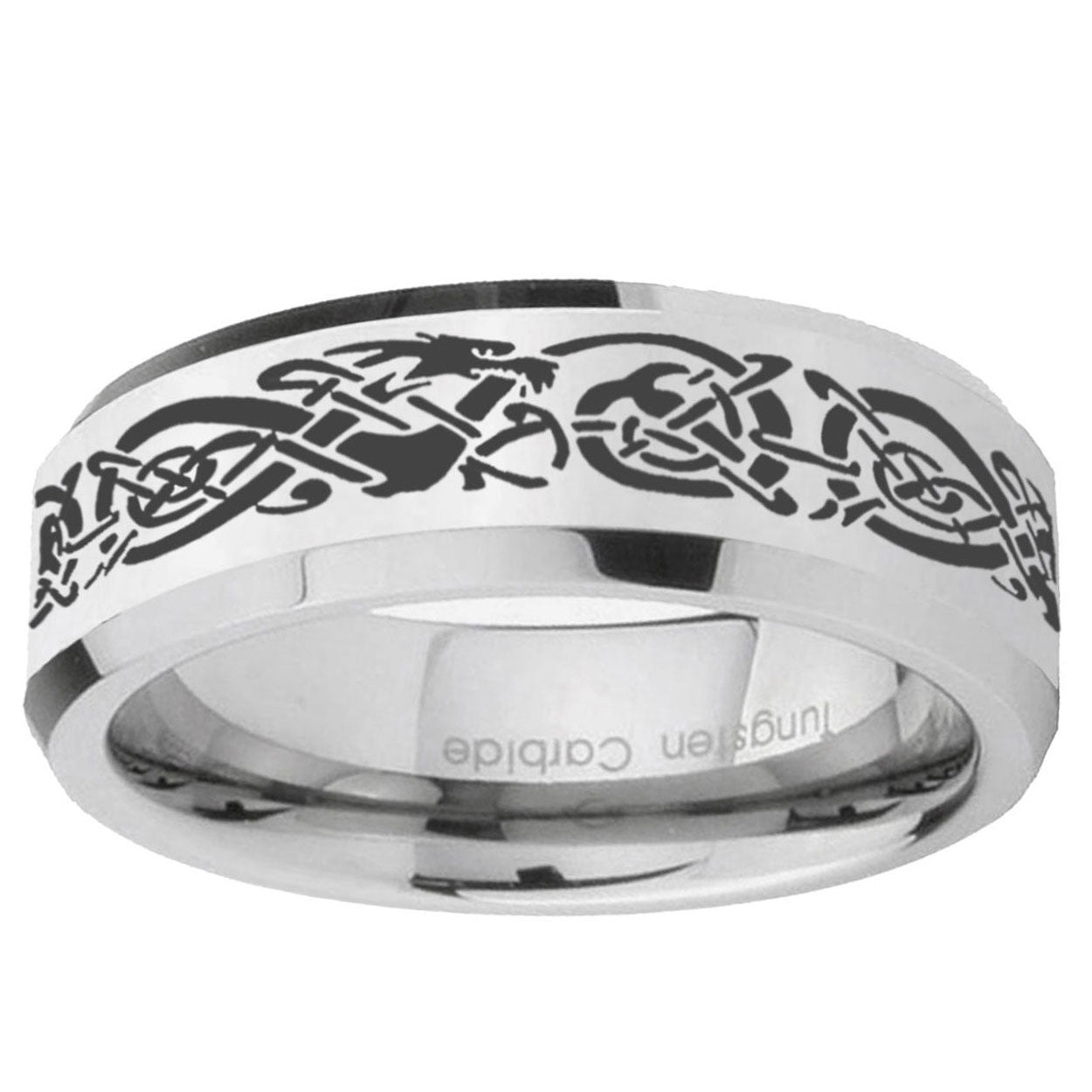 10mm Celtic Knot Dragon Beveled Edge Silver Tungsten Ring