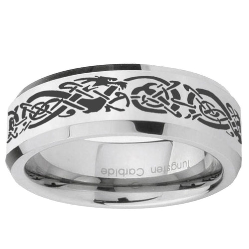 10mm Celtic Knot Dragon Beveled Edge Silver Tungsten Ring