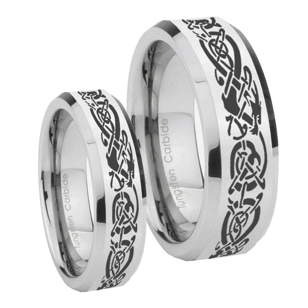 Celtic Knot Dragon Beveled Edges Silver Tungsten Mens Set Ring