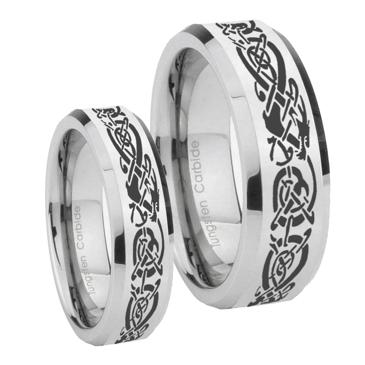 Celtic Knot Dragon Beveled Edges Silver Tungsten Mens Set Ring