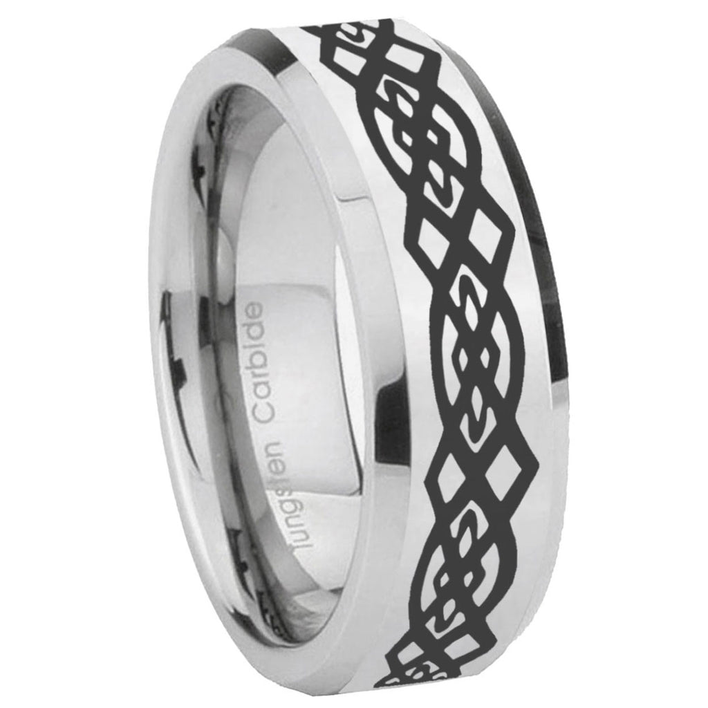 10mm Celtic Knot Beveled Edges Silver Tungsten Carbide Mens Ring Engraved