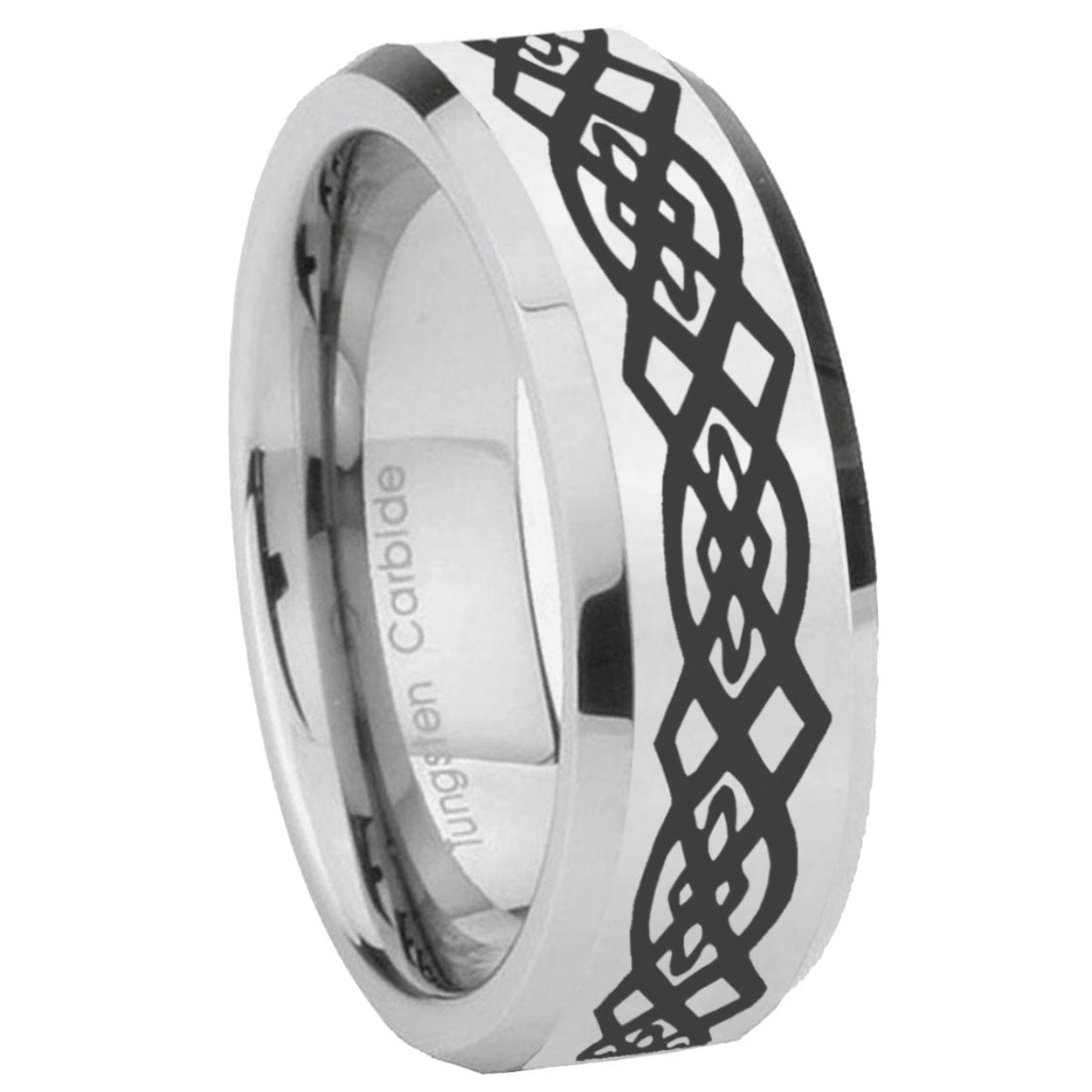 10mm Celtic Knot Beveled Edges Silver Tungsten Carbide Mens Ring Engraved