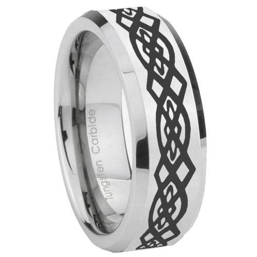 10mm Celtic Knot Beveled Edges Silver Tungsten Carbide Mens Ring Engraved