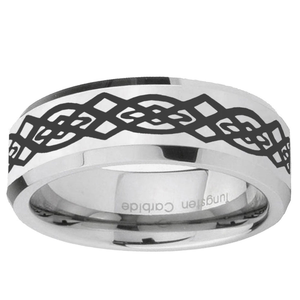 10mm Celtic Knot Beveled Edge Silver Tungsten Ring