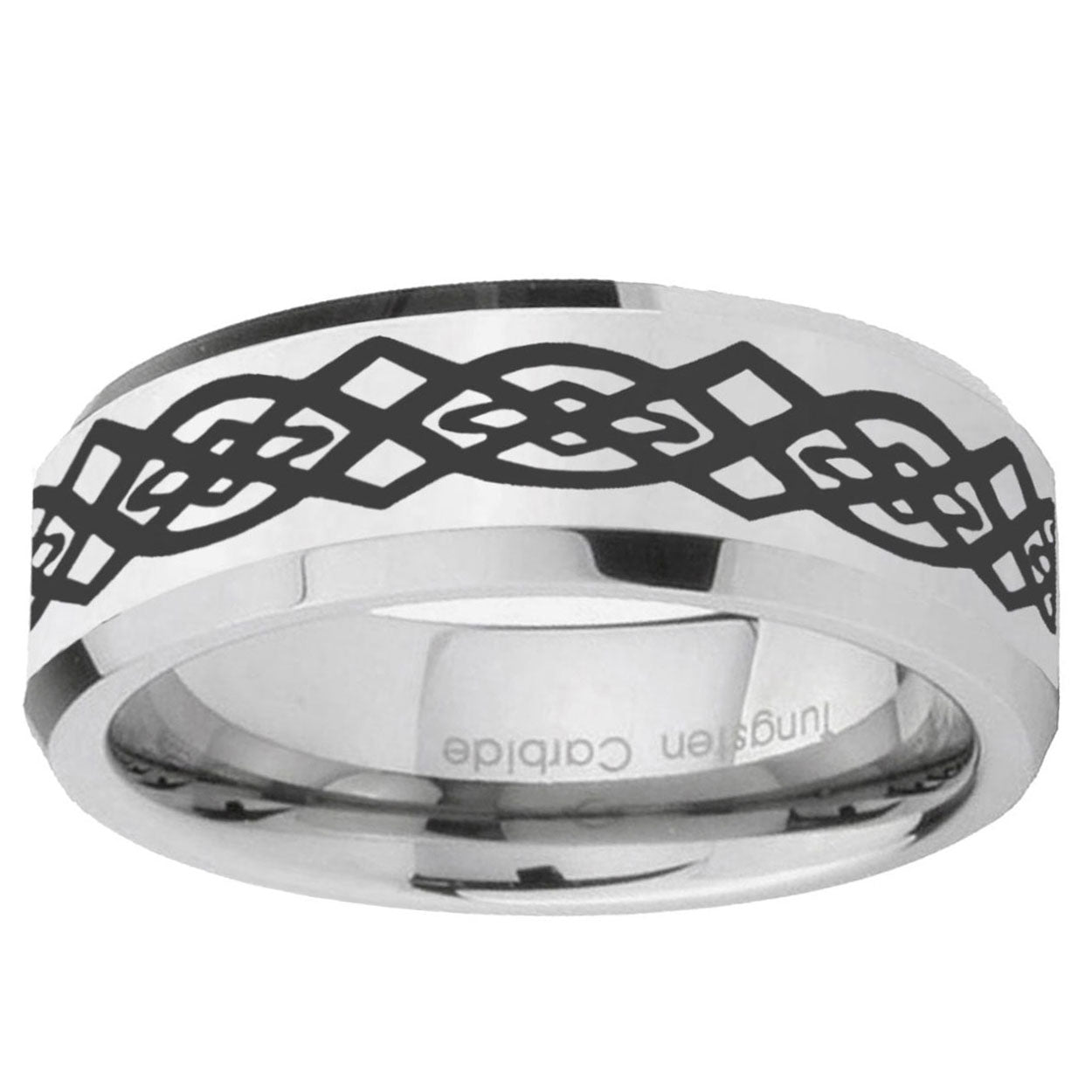 10mm Celtic Knot Beveled Edge Silver Tungsten Ring