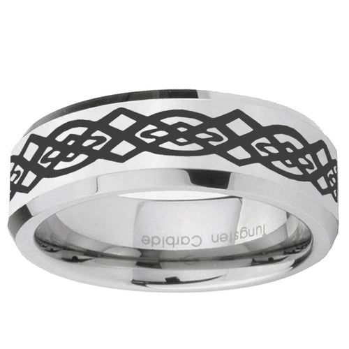 10mm Celtic Knot Beveled Edge Silver Tungsten Ring