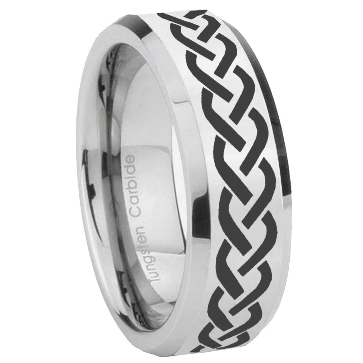 8MM Laser Celtic Knot Bevel Polish Silver Tungsten Mens Ring