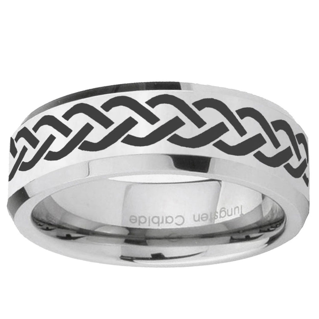 10mm Laser Celtic Knot Beveled Edge Silver Tungsten Ring