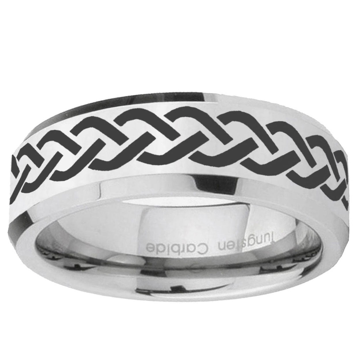 10mm Laser Celtic Knot Beveled Edge Silver Tungsten Ring