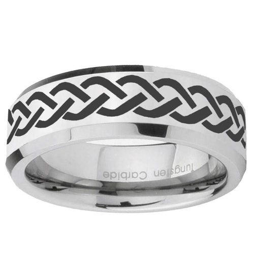 10mm Laser Celtic Knot Beveled Edge Silver Tungsten Ring