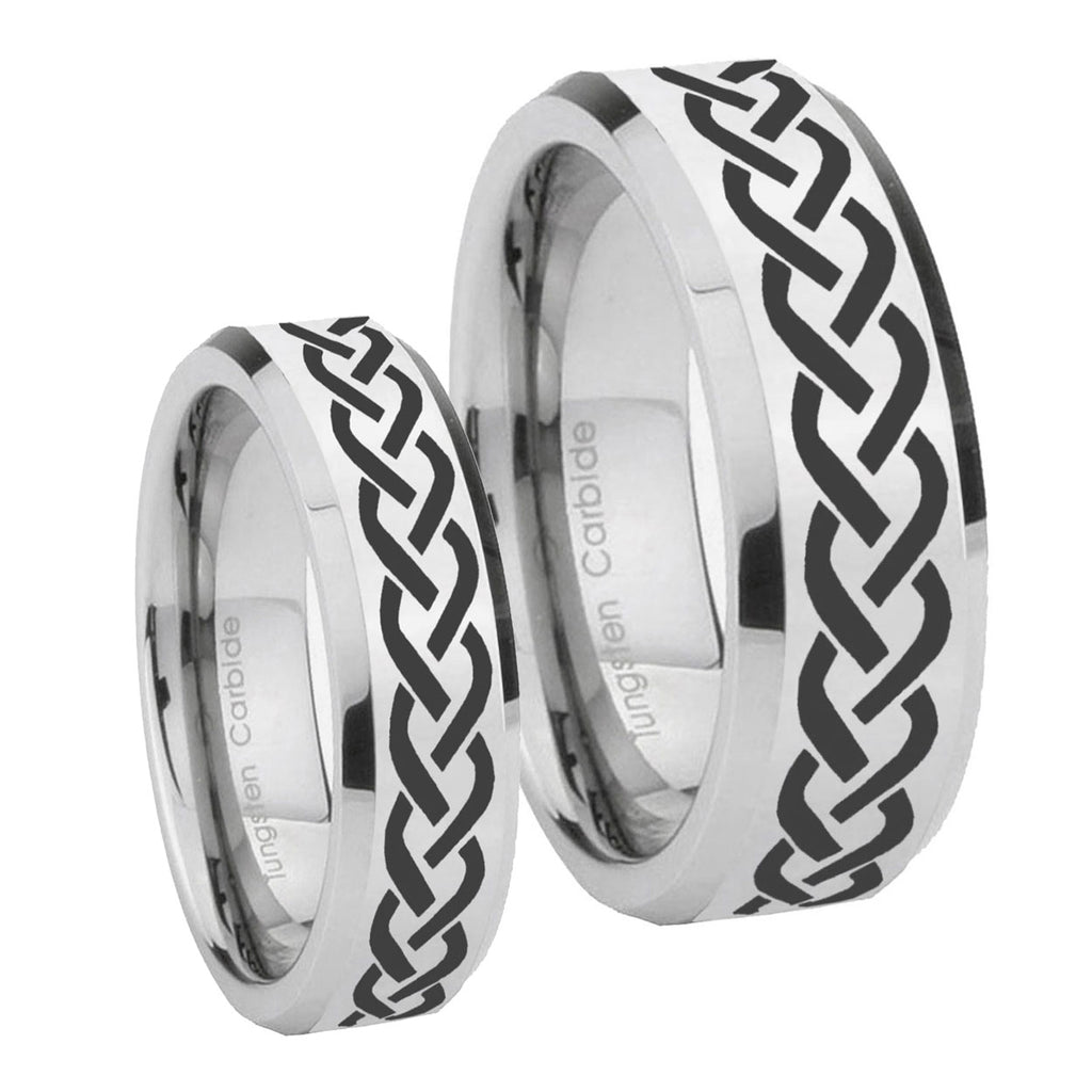 Laser Celtic Knot Beveled Edges Silver Tungsten Couple Band Set