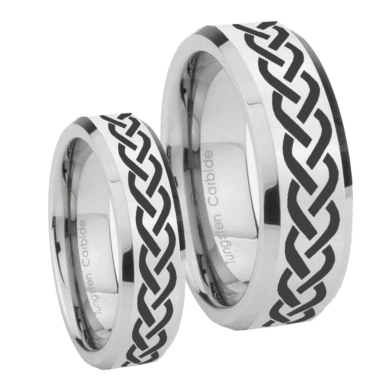 Laser Celtic Knot Beveled Edges Silver Tungsten Couple Band Set