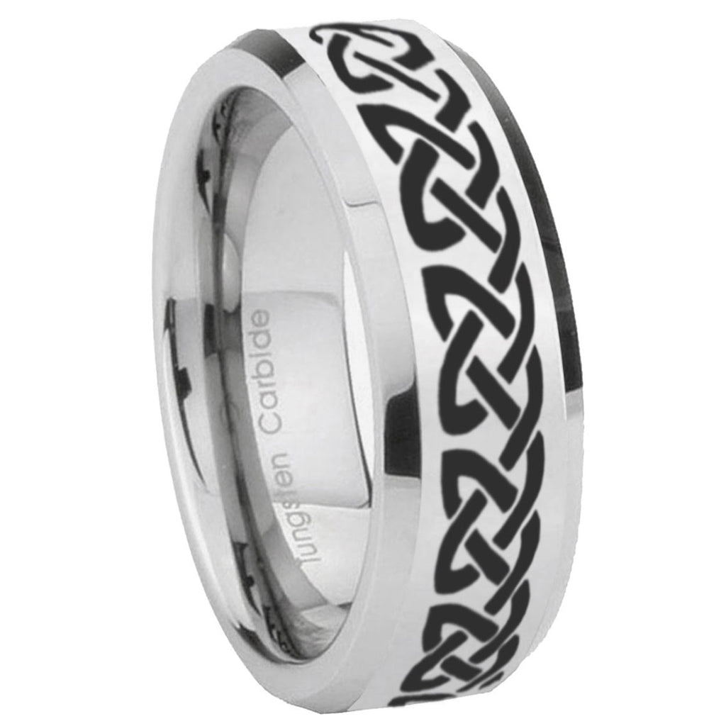 10mm Celtic Knot Love Beveled Edges Silver Tungsten Carbide Mens Ring Engraved