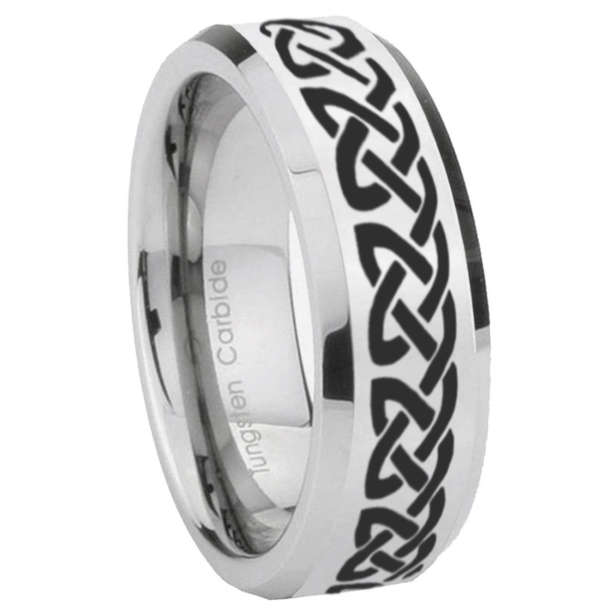 10mm Celtic Knot Love Beveled Edges Silver Tungsten Carbide Mens Ring Engraved