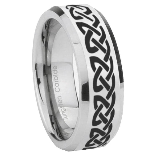 10mm Celtic Knot Love Beveled Edges Silver Tungsten Carbide Mens Ring Engraved