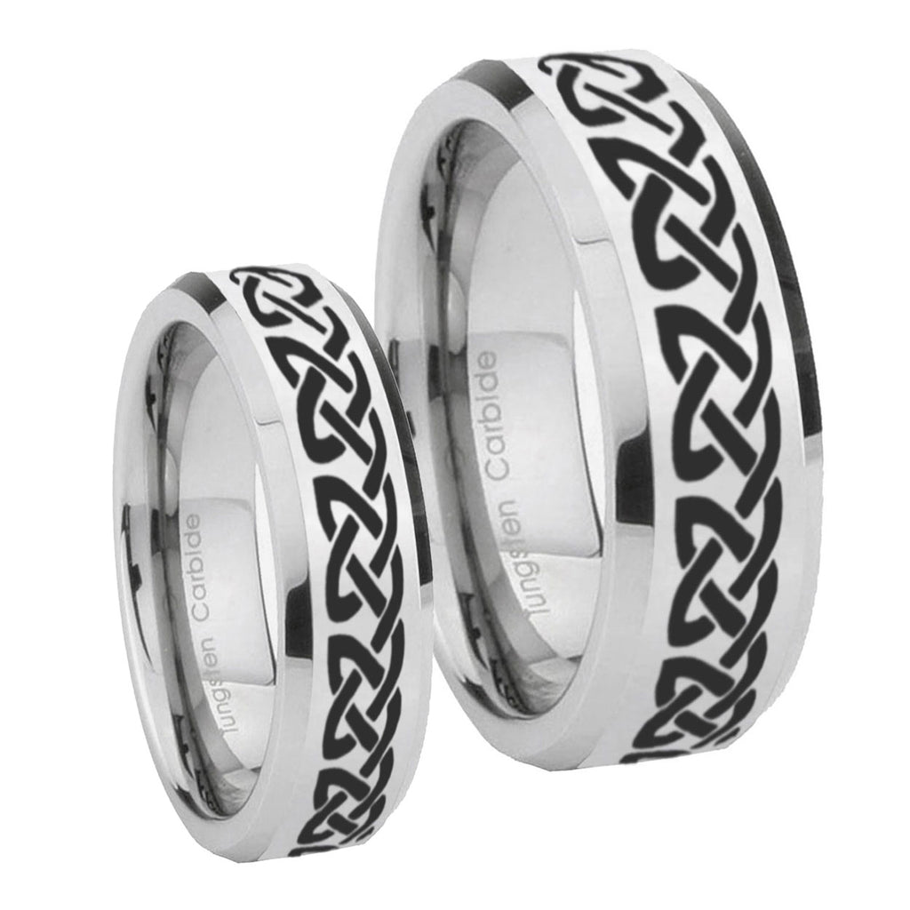 Celtic Knot Love Beveled Edges Silver Tungsten Couple Wedding Bands