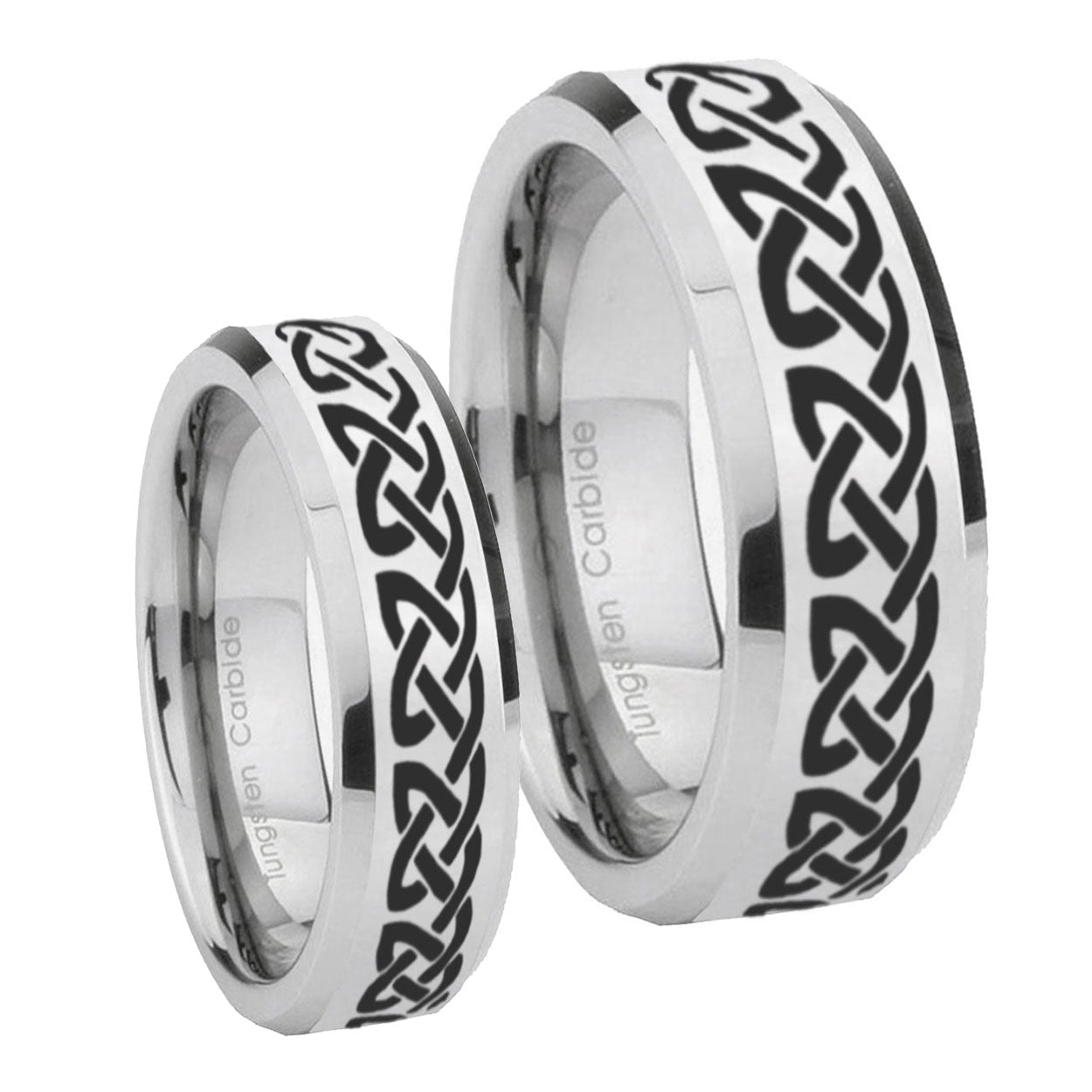 Celtic Knot Love Beveled Edges Silver Tungsten Couple Wedding Bands