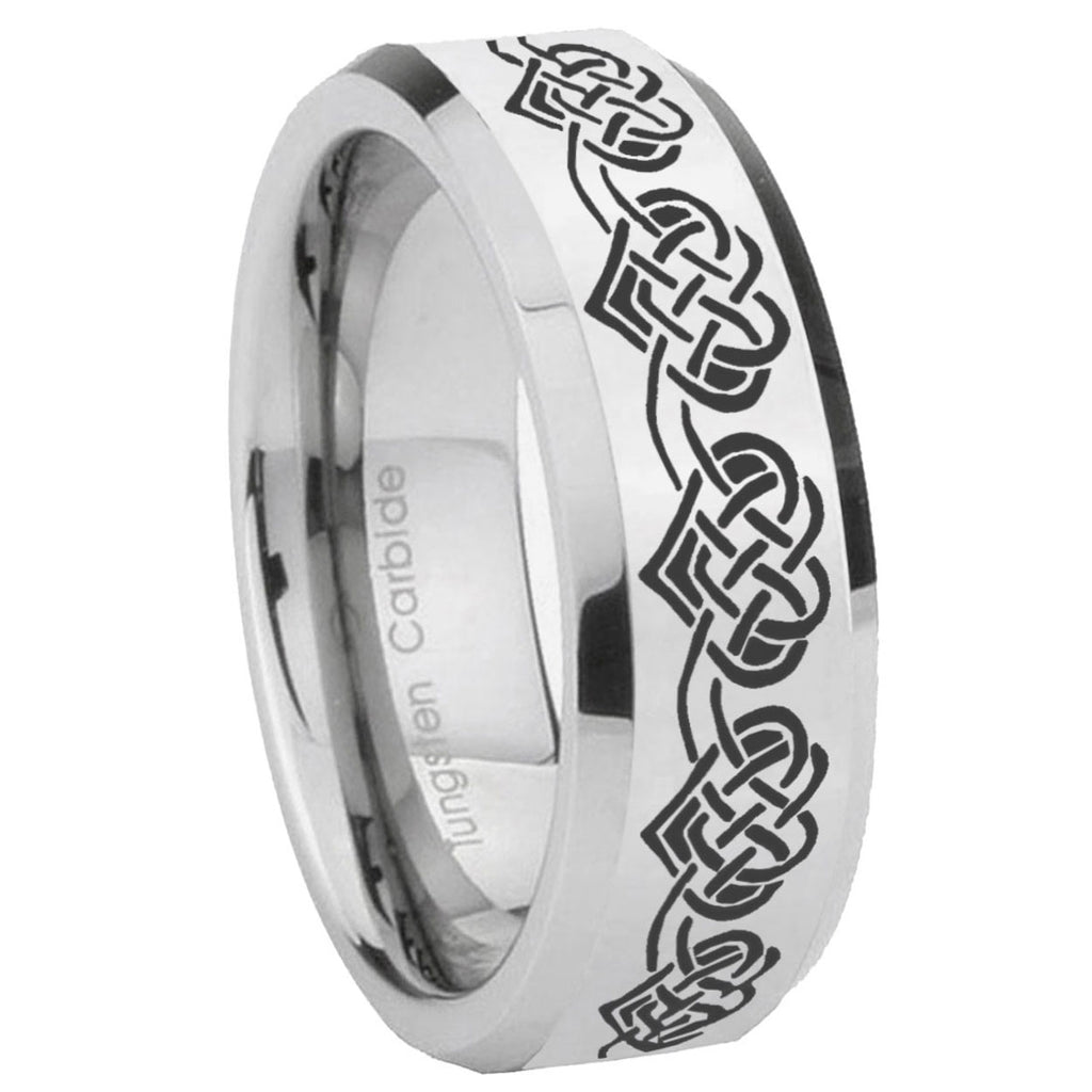 10mm Celtic Knot Heart Beveled Edges Silver Tungsten Carbide Mens Ring Engraved