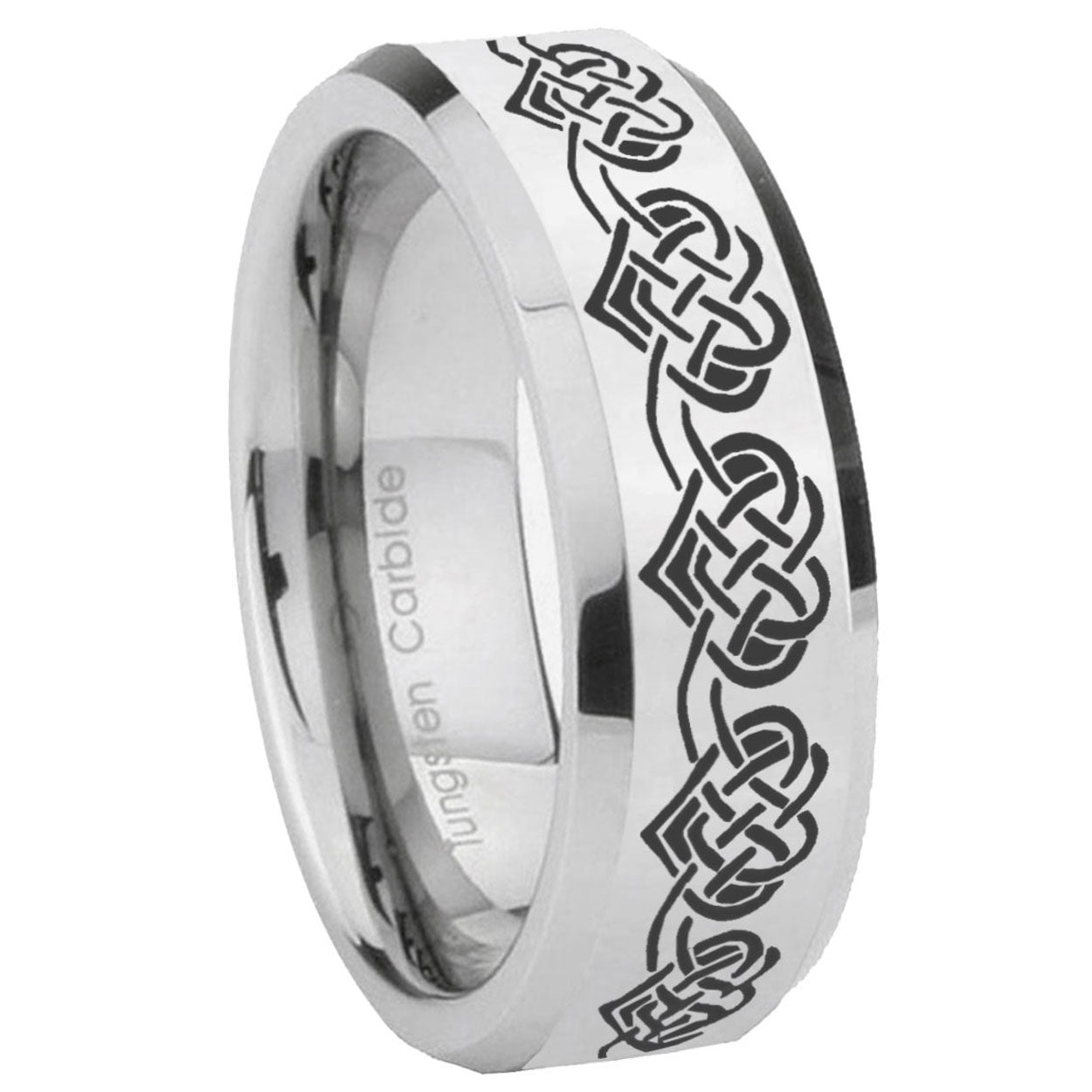 10mm Celtic Knot Heart Beveled Edges Silver Tungsten Carbide Mens Ring Engraved
