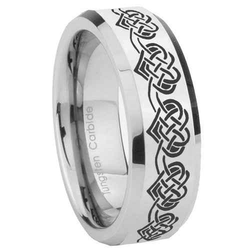 10mm Celtic Knot Heart Beveled Edges Silver Tungsten Carbide Mens Ring Engraved