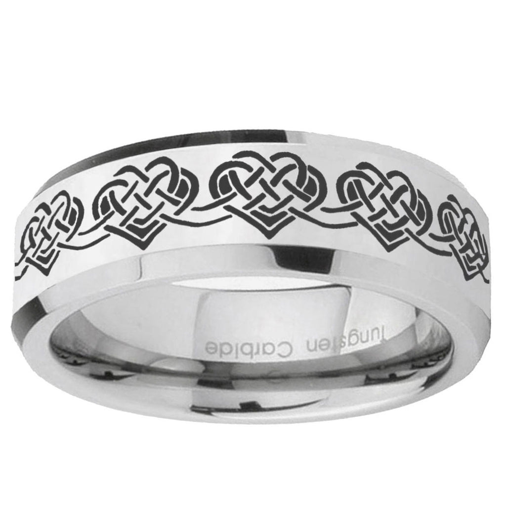 10mm Celtic Knot Heart Beveled Edge Silver Tungsten Ring