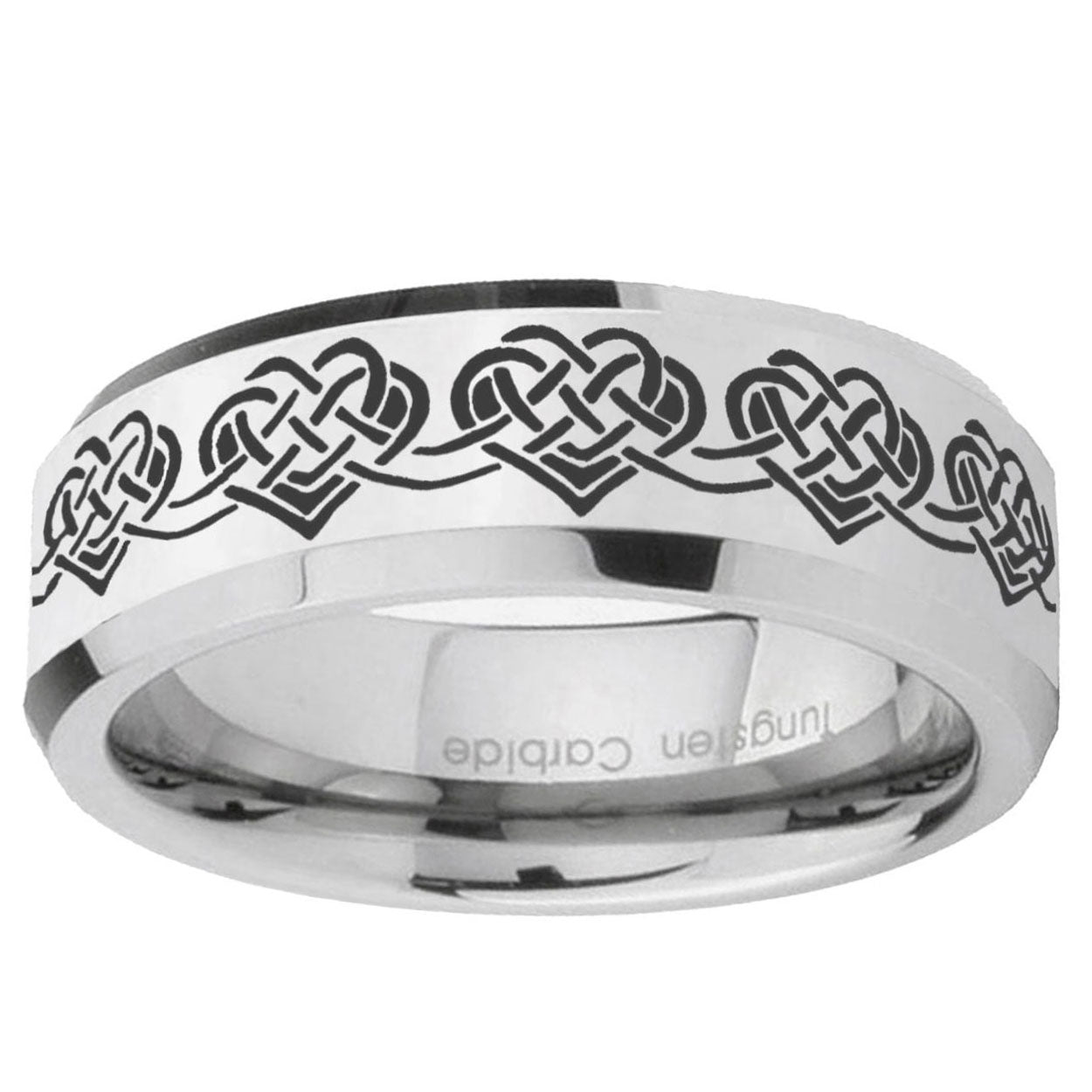 10mm Celtic Knot Heart Beveled Edge Silver Tungsten Ring