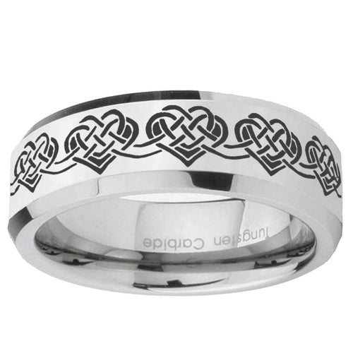 10mm Celtic Knot Heart Beveled Edge Silver Tungsten Ring