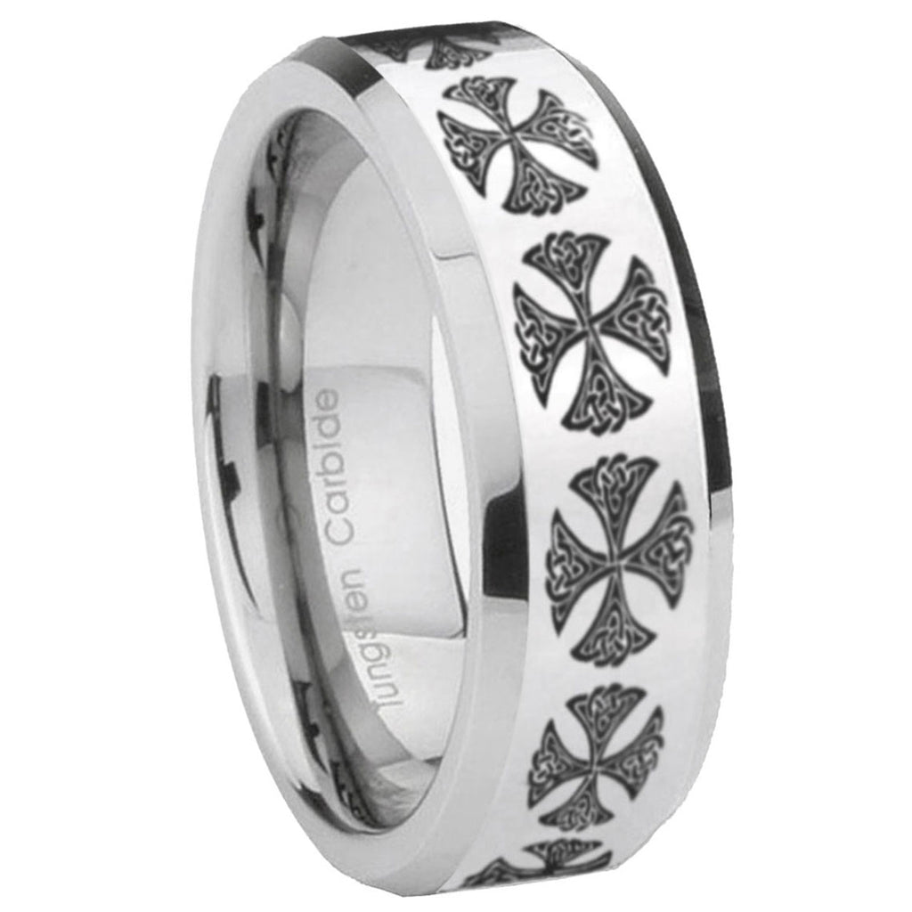 10mm Medieval Cross Beveled Edges Silver Tungsten Carbide Mens Ring Engraved