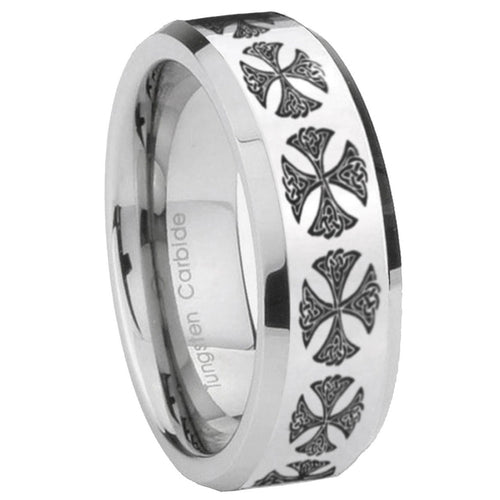 10mm Medieval Cross Beveled Edges Silver Tungsten Carbide Mens Ring Engraved