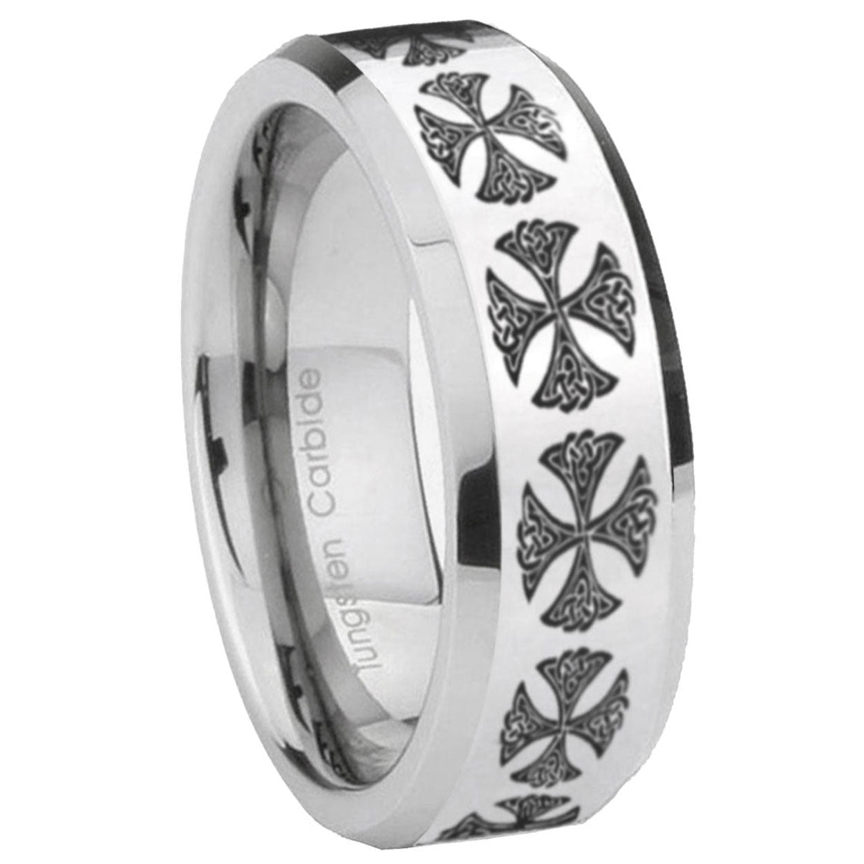 8MM Medieval Cross Bevel Polish Silver Tungsten Wedding Band For Men