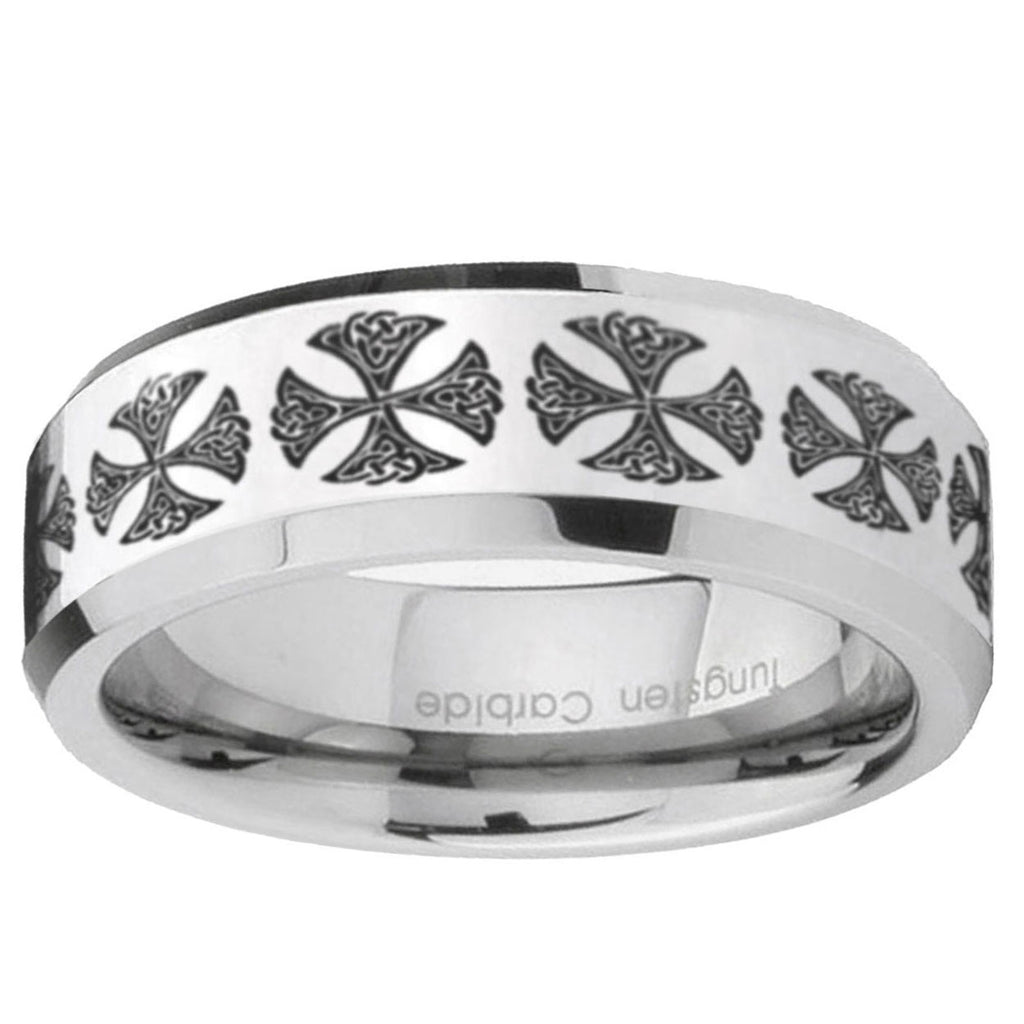 10mm Medieval Cross Beveled Edge Silver Tungsten Ring