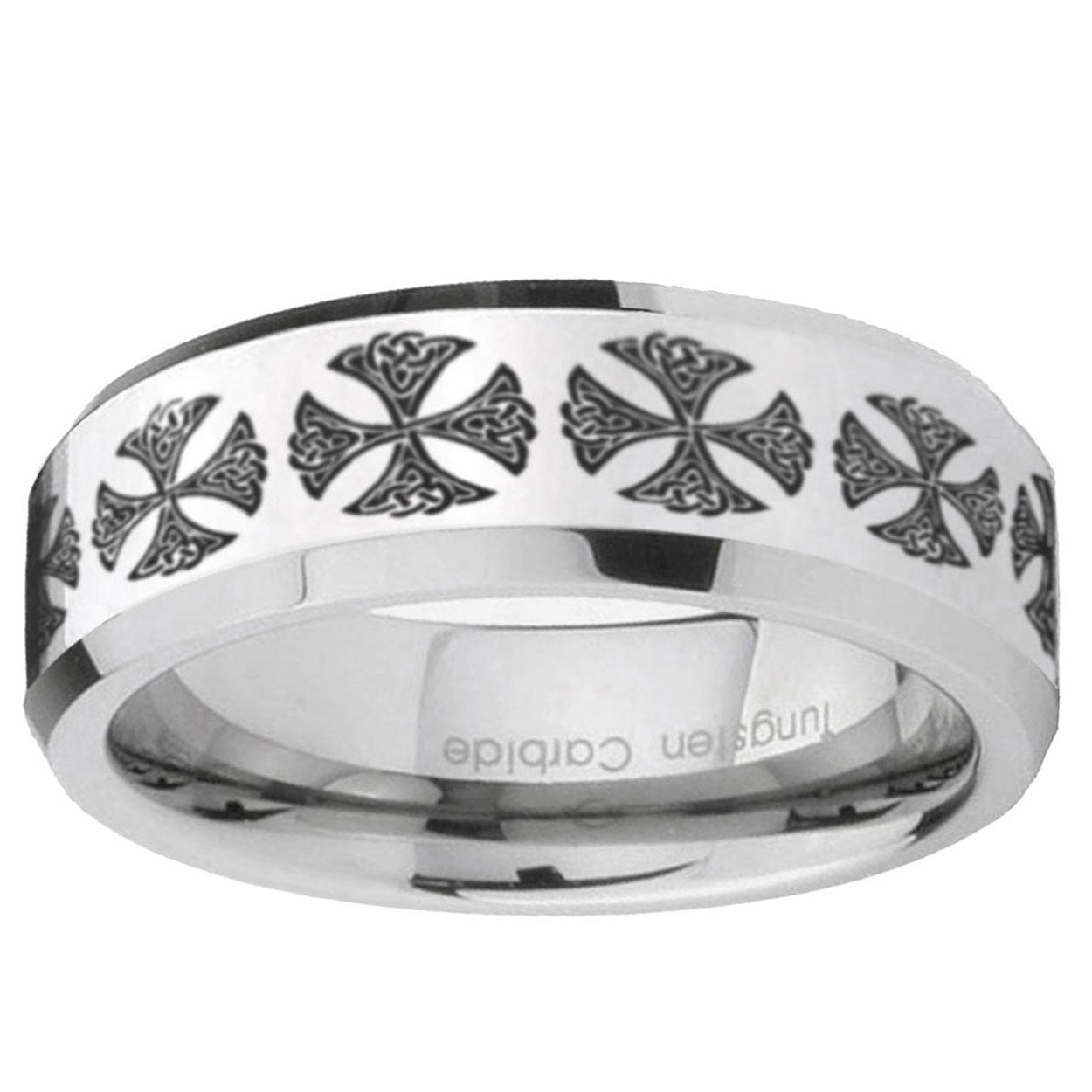 10mm Medieval Cross Beveled Edge Silver Tungsten Ring
