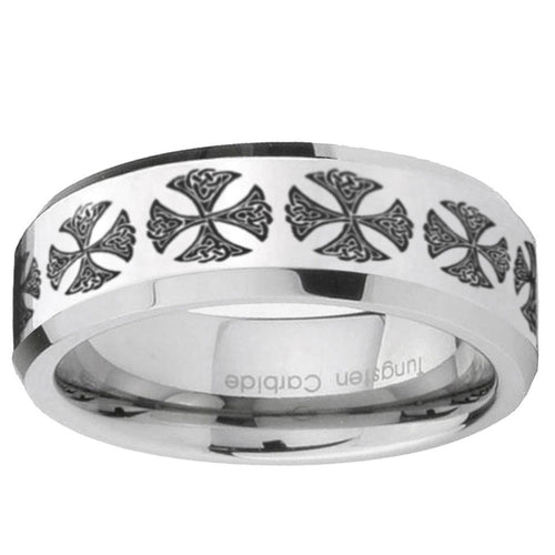 10mm Medieval Cross Beveled Edge Silver Tungsten Ring